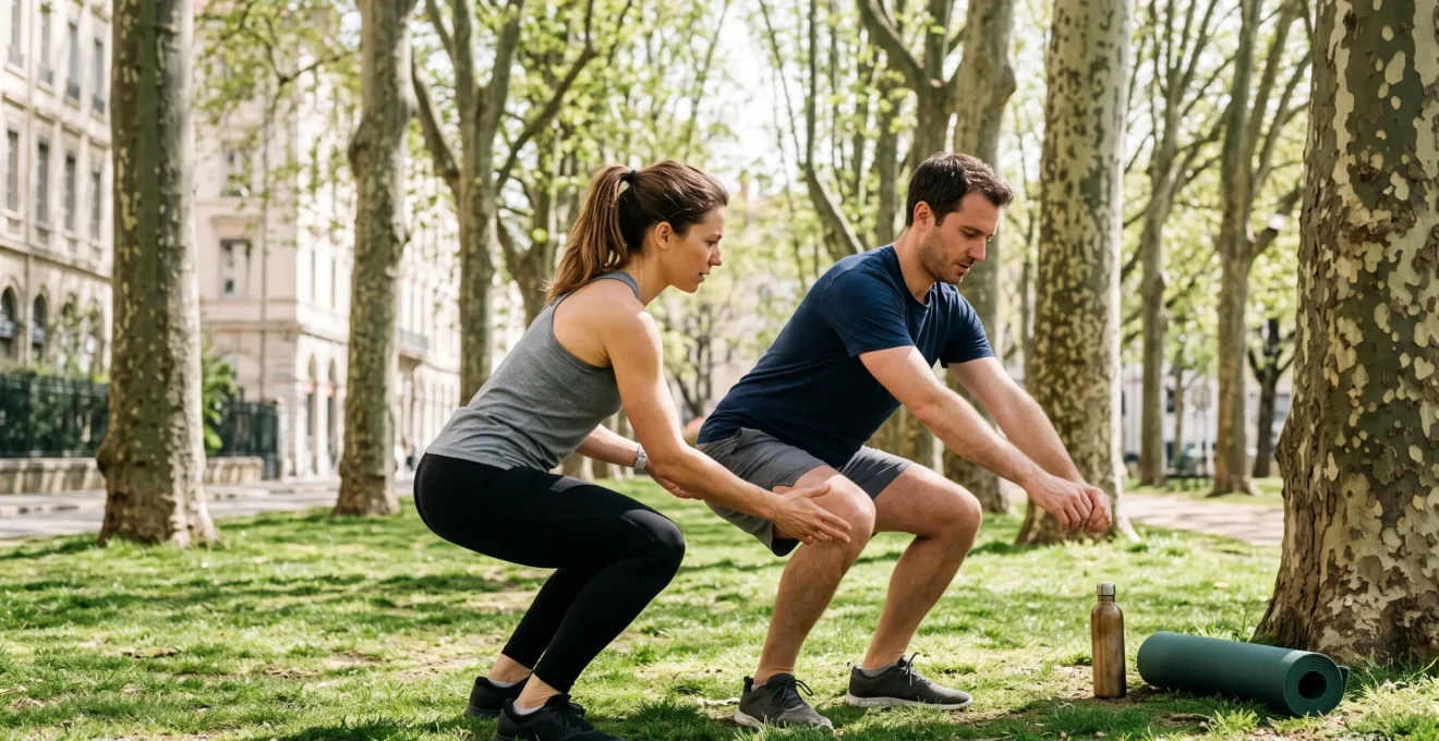 Coach sportive corrigeant la posture d'un client lors d'une séance de sport en plein air dans un parc à Lyon.