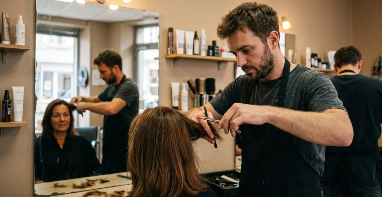 Coiffeur coupant les cheveux d'une cliente dans un petit salon de quartier en France.