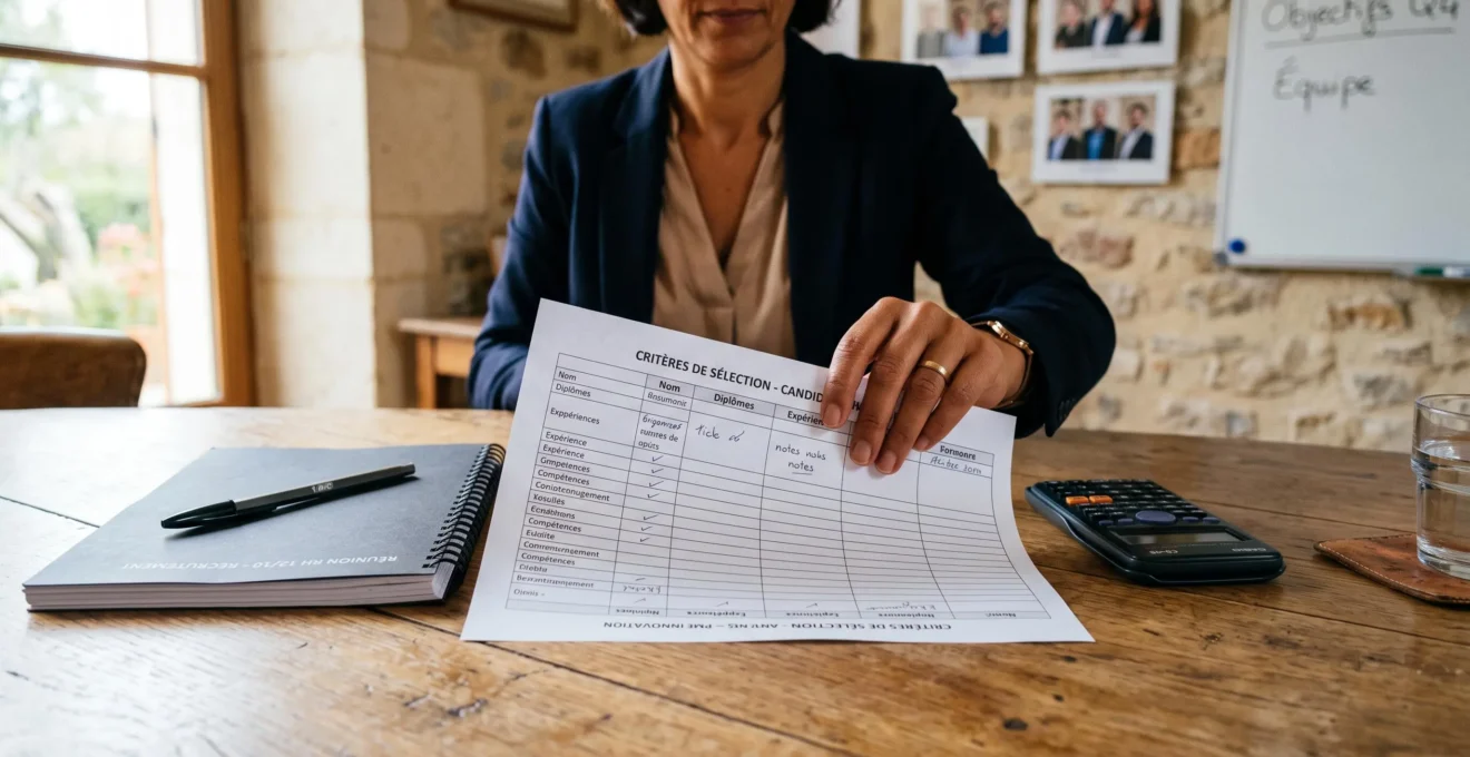 Des mains posent une grille de comparaison imprimée sur une table de réunion.