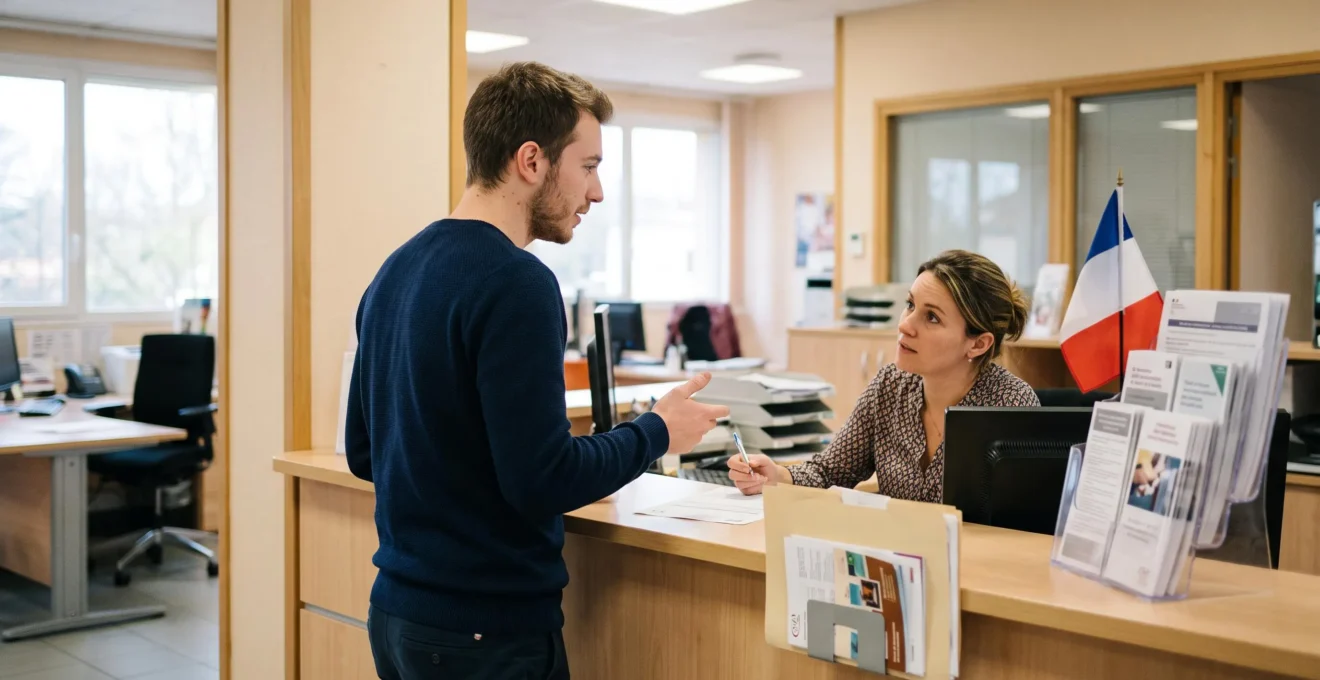 Jeune homme debout au guichet d'une Chambre de Métiers en France discutant de son inscription en micro-entreprise avec une conseillère.