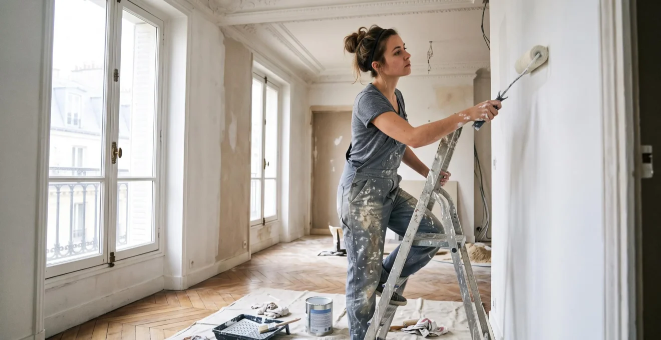 Jeune femme en salopette de travail peignant un mur dans un appartement haussmannien en cours de rénovation à Paris.