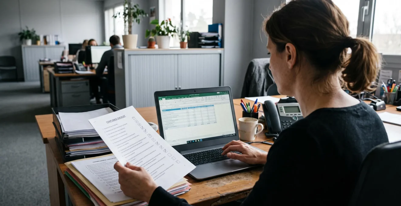 Une responsable RH vérifie des documents de conformité sur son ordinateur au bureau.
